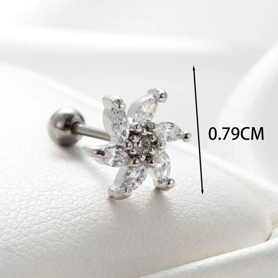 1 pieza de pendientes de botón de circonita de color plata y cobre con diseño clásico de flores de serie simple para mujer 